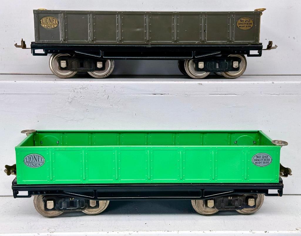 Lionel Prewar Standard Gauge all 212 nickel Green Gondola and 212 Gray Gondola: Lionel Prewar Standard Gauge all 212 nickel Green Gondola and 212 Gray Gondola, each in C7.