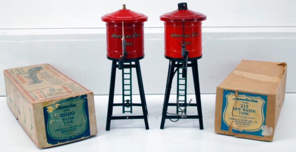 American Flyer Prewar 2020 Water Tank and 215 New Water Tank: American Flyer Prewar 2020 Water Tank and 215 New Water Tank, each in C7 plus and each with its original box.