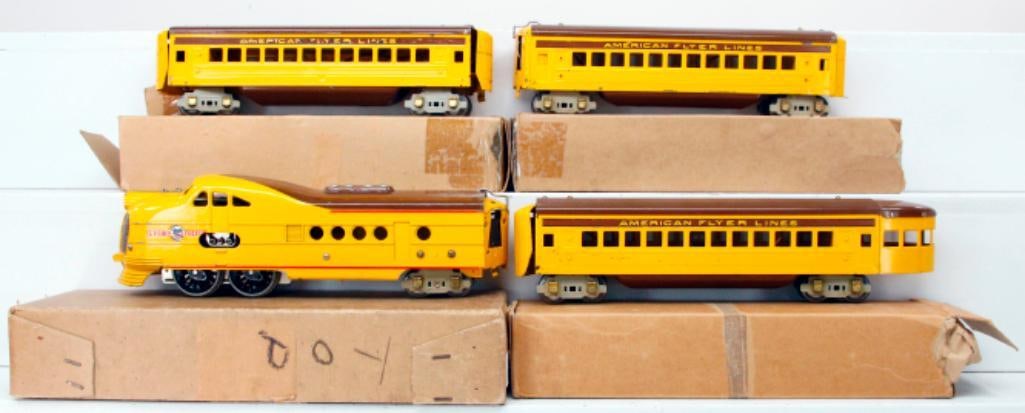 American Flyer Prewar O Gauge City of Denver Set 1684 Loco and Three yellow and brown Passenger Cars (1 of 7)