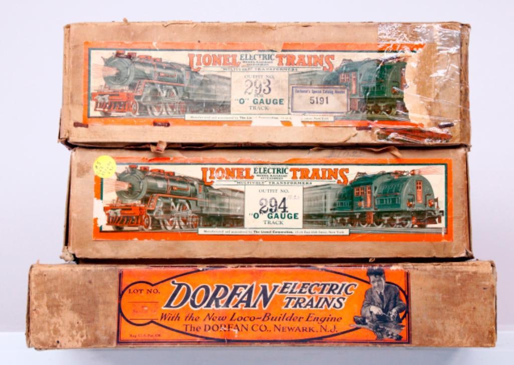 Lionel Prewar O Gauge Three (3) Assorted Set Boxes Only 293 - 294 and Dorfan 253 Set Box: Lionel Prewar O Gauge Three (3) Assorted Set Boxes Only 293 - 294 and Dorfan 253 Set Box, with the Dorfan 253 Set Box showing moderate wear, the 294 Lionel Set Box only showing heavy wear and the 293