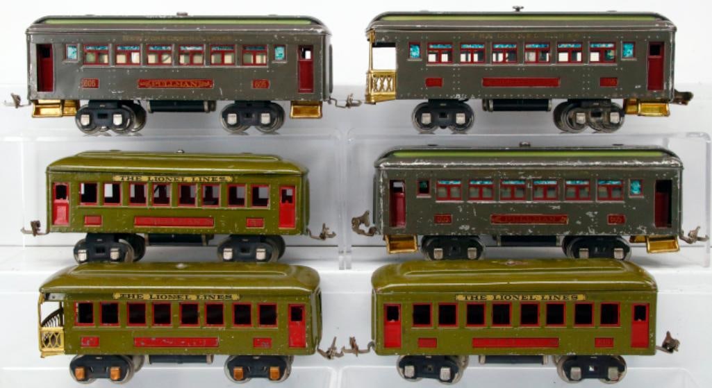 Lionel Prewar O Gauge RARE 605-605-606 gray Passenger Cars and RARE Uncatalogued 610-610-612 Cars: Lionel Prewar O Gauge RARE 605 - 605 - 606 gray Passenger Cars and RARE Uncatalogued 610 - 610 -612 Olive Green Passenger Cars, with the gray Passenger Cars in C6 to C6 plus overall condition and the