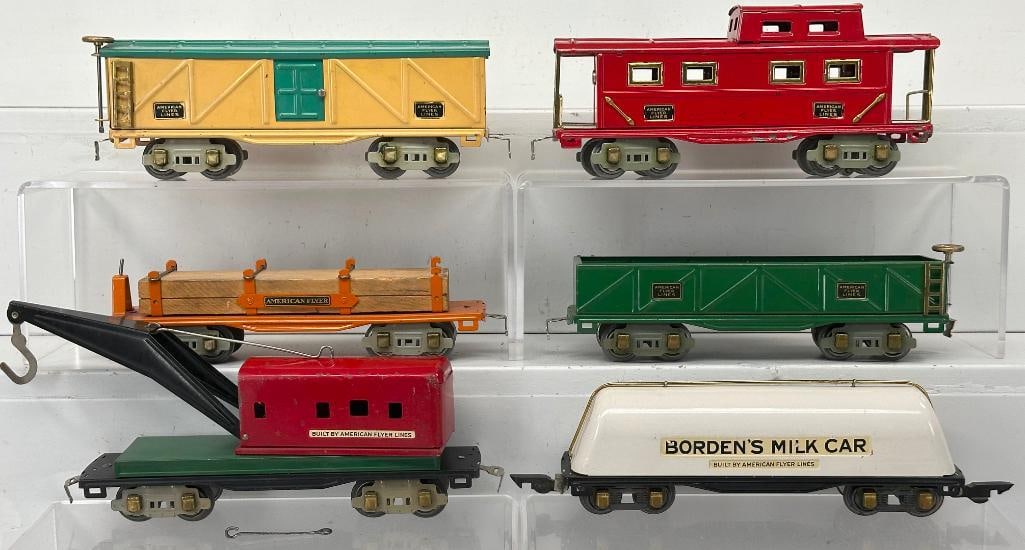 American Flyer Prewar 3/16 Gauge 411 Caboose – 406 Log Car – 3207 Sand Car – 3208 (1 of 6)