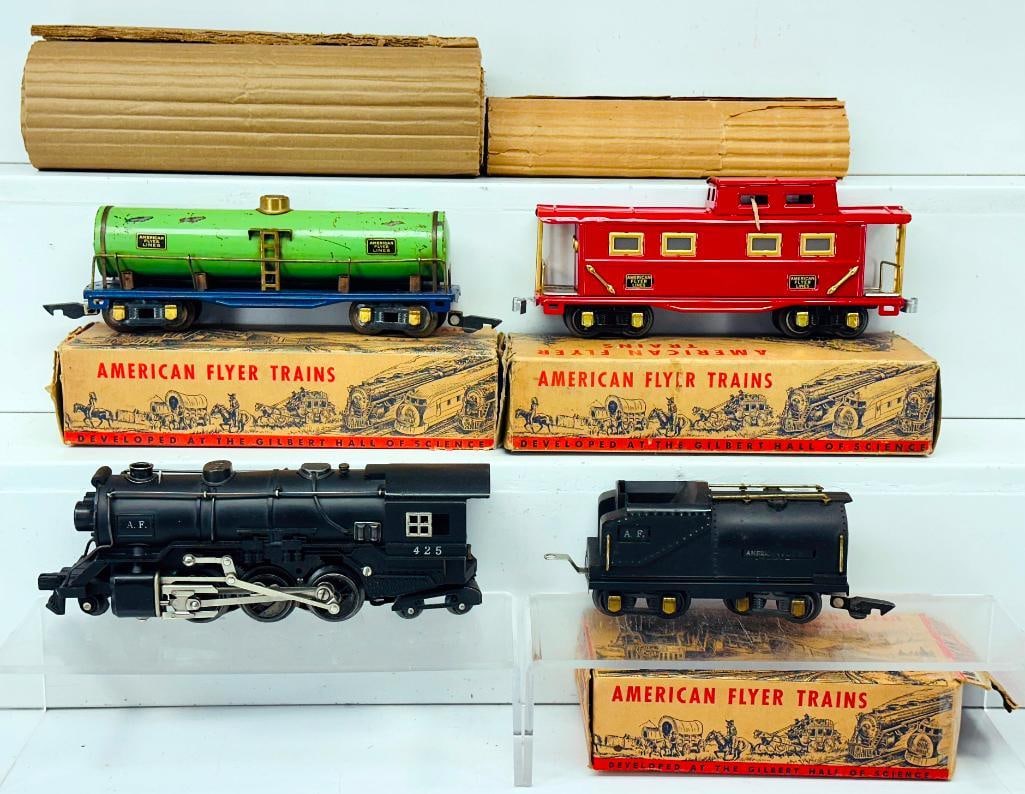 American Flyer Prewar O Gauge 425 2 – 6 – 4 black and nickel Loco with Vanderbilt Tender: American Flyer Prewar O Gauge 425 2 – 6 – 4 black and nickel Loco with Vanderbilt Tender and 411 Caboose and Tank Car, with the Loco and Tender in C7, the 411 Caboose in C7 plus and the Ta