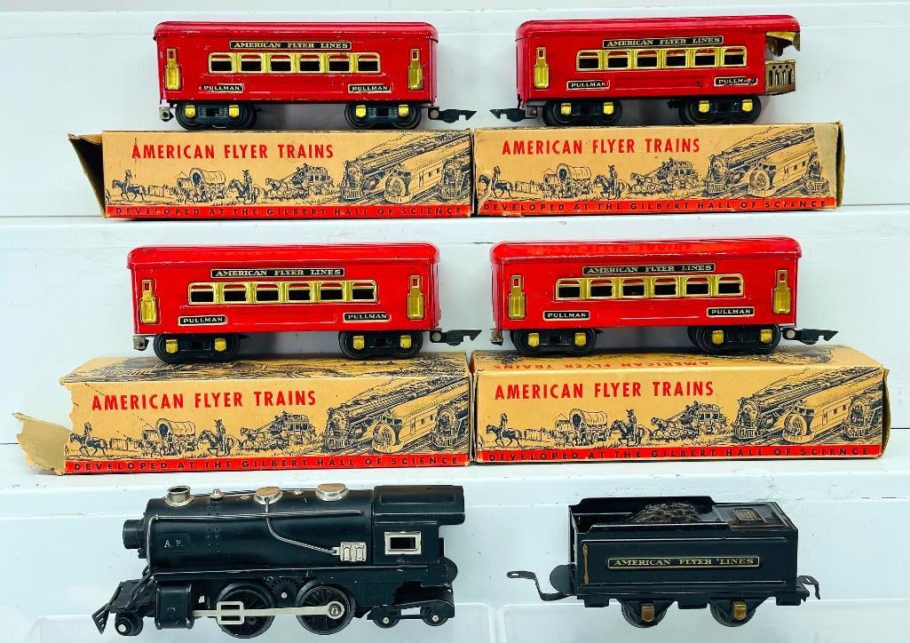 American Flyer Prewar O Gauge 401 black and nickel Loco and 3189 black and brass Tender with 404: American Flyer Prewar O Gauge 401 black and nickel Loco and 3189 black and brass Tender with 404 – 404 – 404 – 405 red and brass Passenger Cars, with the Loco and Tender in C7 minus