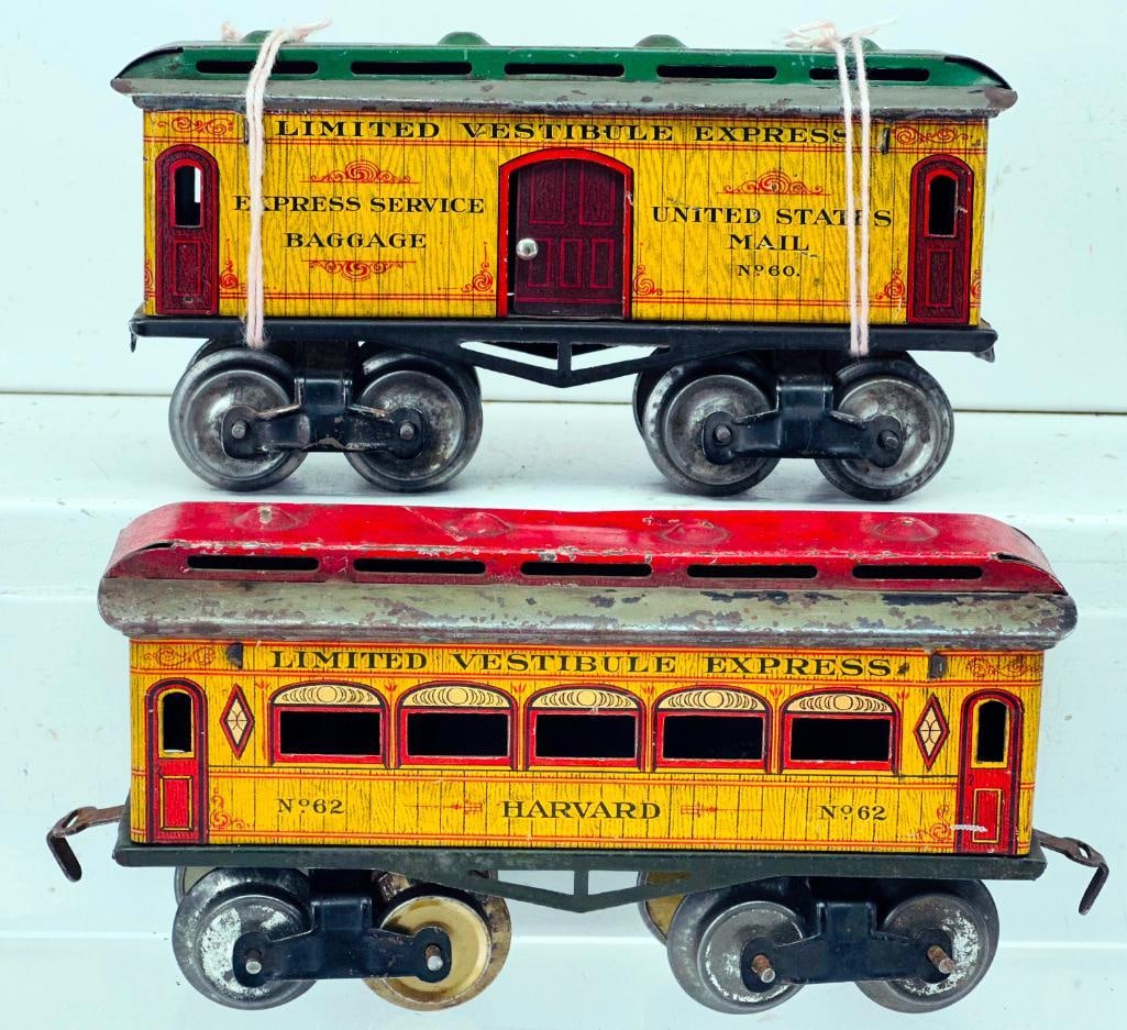 Ives Prewar O Gauge 62 Harvard yellow Litho Passenger Car with 60 US Mail yellow Litho Passenger Car (1 of 6)