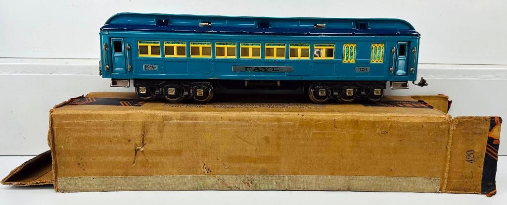 Lionel Prewar Standard Gauge 420 Blue Comet Passenger Car: Lionel Prewar Standard Gauge 420 Blue Comet Passenger Car, in C6 because of a bend in lower portion of one side of Passenger Car and with its original box that shows light to moderate wear.