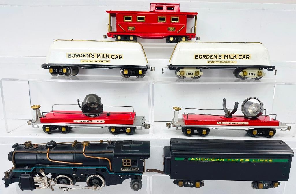 American Flyer Prewar O Gauge 2 – 4 – 2 black and brass Loco with black Tender and Five (1 of 11)
