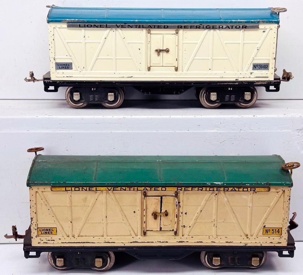 Lionel Prewar Standard Gauge 514 Refrigerator Car and 514R Refrigerator Car: Lionel Prewar Standard Gauge 514 Refrigerator Car and 514R Refrigerator Car, with the 514 in C6 minus and the 514R in C6 plus to C7 minus.