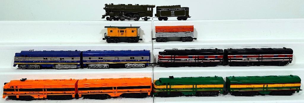 Marx Postwar O Gauge Atlantic Coast 528 A-A Alco Units/Rock Island 641 A-B Alco Units/U.S. Army Loco: Marx Postwar O Gauge Atlantic Coast 528 A - A Alco Units/Rock Island 641 A - B Alco Units/U.S. Army Loco and Tender/Allstate A - B Alco Units/Western Pacific Alco Units/Two (2) Assorted Freight Cars,