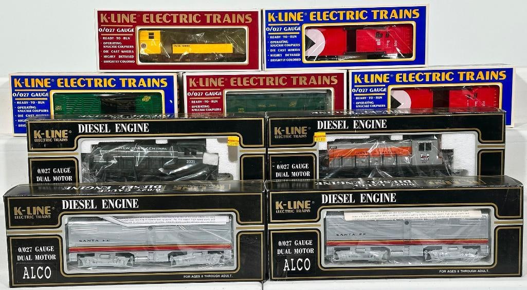 K-Line Modern O Gauge NYC Dual Motor S - 2 Switcher/Santa Fe Alco B Unit X2 Boxed X2/Western Pacific: K-Line Modern O Gauge NYC Dual Motor S - 2 Switcher/Santa Fe Alco B Unit X2 Boxed X2/Western Pacific S - 2 Switcher Boxed/Five (5) Assorted Freight Cars, including Santa Fe Alco B Boxed X2, each in C9
