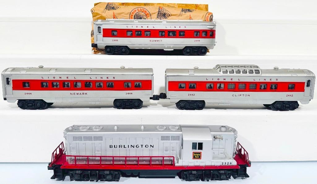 Lionel Postwar O Gauge 2328 Burlington Route GP - 7 and 2444 - 2446 - 2442 Passenger Cars (1 of 9)