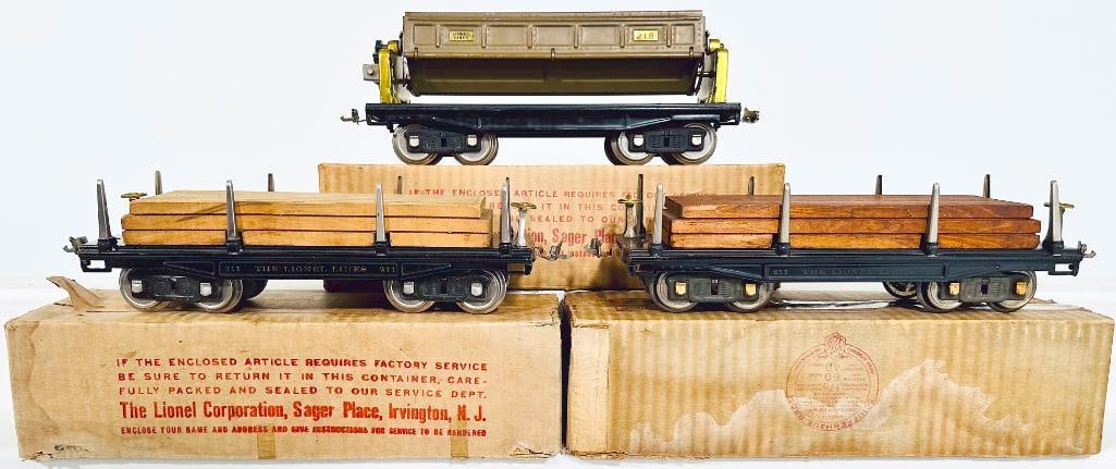 Lionel Prewar Standard Gauge 211 Lumber Car X2 and 218 Mojave Dump Car Brass Ends Boxed (1 of 12)