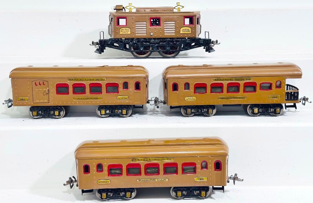 Ives Prewar Wide Gauge 3236R tan Electric Locomotive and 184 - 195 - 186 tan Passenger Cars: Ives Prewar Wide Gauge 3236R tan Electric Locomotive and 184 - 195 - 186 tan Passenger Cars, repainted to look C7 overall.