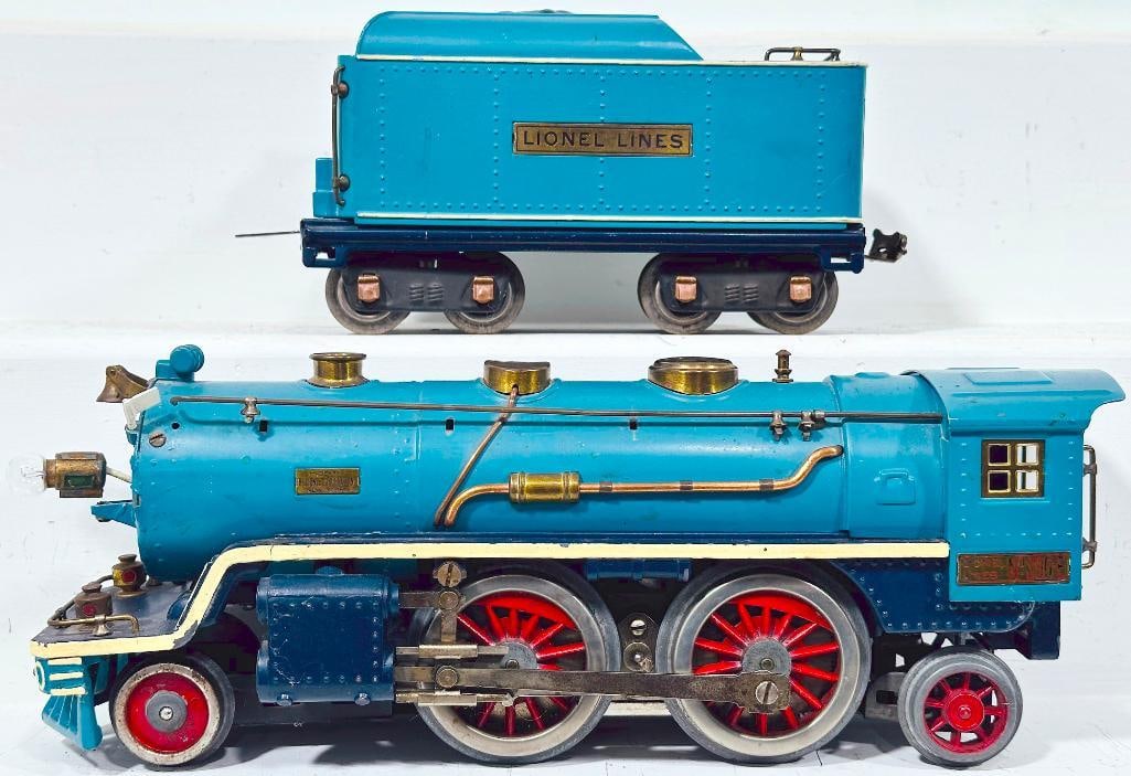 Lionel Prewar Standard Gauge 390E Blue Comet Locomotive and Tender: Lionel Prewar Standard Gauge 390E Blue Comet Locomotive and Tender, in C7 minus or better overall condition. The white stripe is probably repainted on the Locomotive and the Tender, because it is too