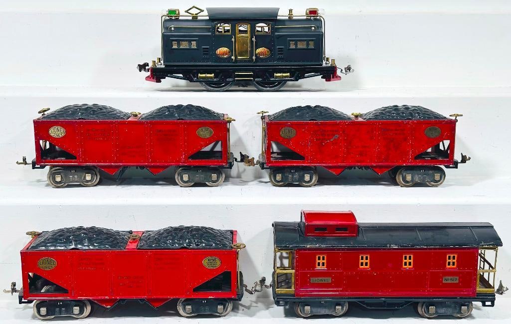 Lionel Prewar Standard Gauge 318E Coal Train: Lionel Prewar Standard Gauge 318E Coal Train, with the 318E repainted Black to look C7, with 516 red Hopper with rubberstamping X3 in C5 plus, C6 and C7 minus, respectively and the 517 Coal Train Cabo