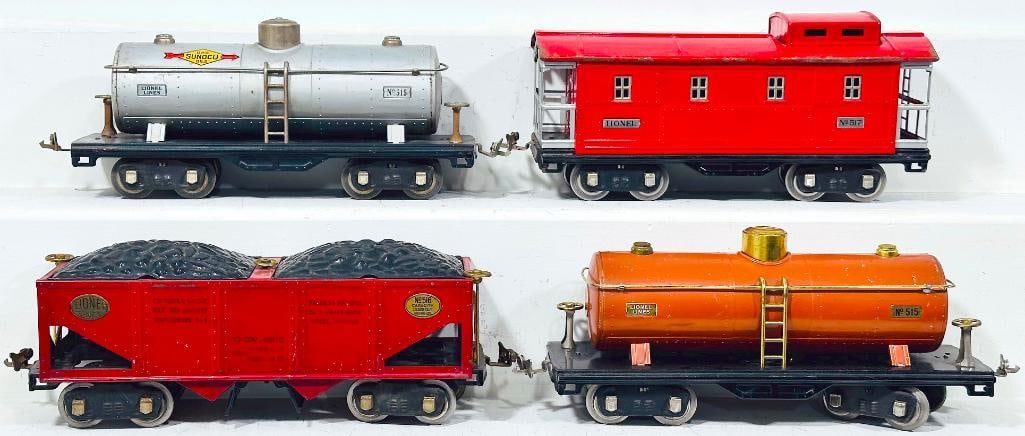 Lionel Prewar Standard Gauge 517 red Caboose - 515 Silver Tank Car - 515 Terra-Cotta Tank Car: Lionel Prewar Standard Gauge 517 red Caboose - 515 Silver Tank Car - 515 Terra-Cotta Tank Car - 516 red Hopper rubberstamping, each in C6 or better overall condition, except the 517 red Caboose is in