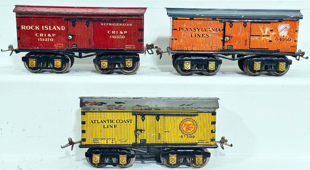 Ives Prewar O Gauge 67389 Atlantic Coastline 6 inch Box Car/151370 Rock Island six-inch Box Car: Ives Prewar O Gauge 67389 Atlantic Coastline 6 inch Box Car/151370 Rock Island six-inch Box Car and 64160 Pennsylvania Lines Box Car, each in C5 and repainted roof on the 64160 Pennsylvania Lines Box 