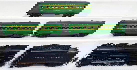 Lionel Postwar O Gauge 726 Black Locomotive and 2426W Black Tender and 2400-2401-2402 Passenger Cars