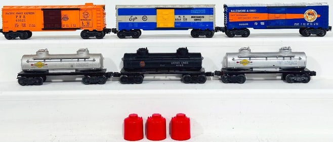 Lionel Postwar O Gauge Six (6) Assorted Freight Cars and 3 Red Canisters