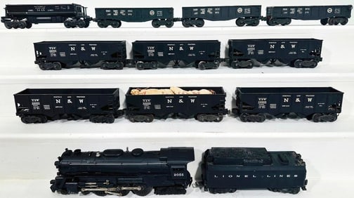 Lionel Postwar O Gauge 2055 Black Locomotive with 6026W Black Tender and Ten Assorted Freight Cars