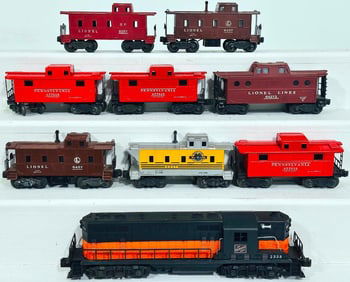 Lionel Postwar O Gauge 2338 Milwaukee Road Switcher and Eight (8) Assorted Cabooses