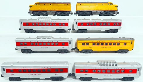 Lionel Postwar O Gauge 2023 Union Pacific A-A Yellow/Gray Alco Units and 5 Assorted Passenger Cars