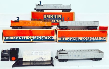 Lionel Postwar O Gauge 3562 - 25 Gray blue letter Barrel Car X3 and 3562 - 75 orange Barrel Car