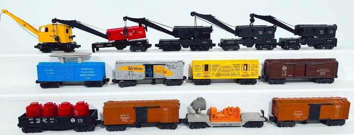 Lionel Postwar O Gauge Twelve (12) Assorted Freight Cars and 3360 Burro Crane