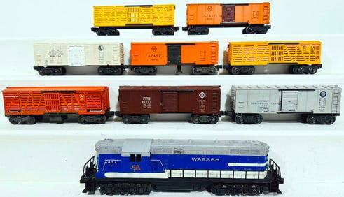 Lionel Postwar O Gauge 2337 Wabash Switcher and Eight (8) Assorted Freight Cars