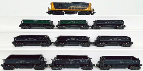 Lionel Postwar O Gauge 2349 Northern Pacific Switcher and Eight (8) Coal Dump Cars