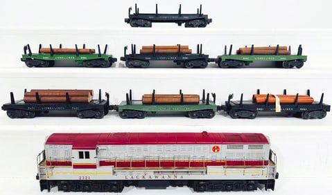 Lionel Postwar O Gauge 2321 maroon top Lackawanna FM and Seven (7) Assorted Log Cars
