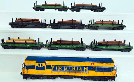 Lionel Postwar O Gauge 2331 yellow and blue Virginian FM and Eight (8) Log Cars