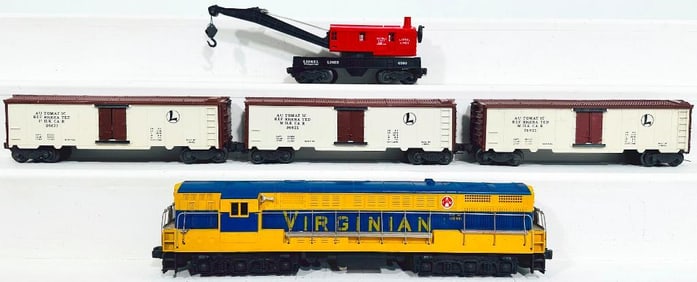 Lionel Postwar O Gauge 2322 yellow and blue Virginian FM and Four (4) Assorted Freight Cars