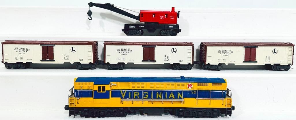 Lionel Postwar O Gauge 2322 yellow and blue Virginian FM and Four (4) Assorted Freight Cars (1 of 9)