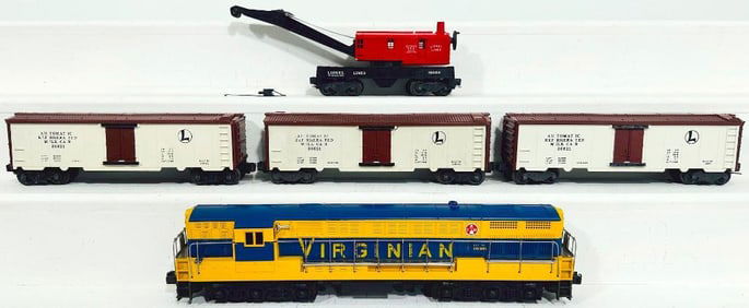Lionel Postwar O Gauge 2322 yellow and blue Virginian FM and Four (4) Assorted Freight Cars