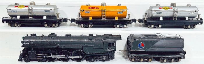 Lionel Prewar O Gauge 763E gray Locomotive and 263W gray Tender with Three (3) Assorted Tank Cars