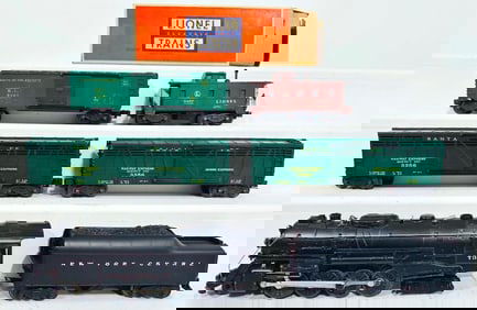 Lionel Postwar O Gauge 736 Black Locomotive with 2046W Black Tender and Four Assorted Freight Cars