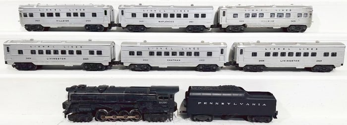 Lionel Postwar O Gauge 2020 Black Locomotive and 2046W Black Tender with Six Assorted Passenger Cars