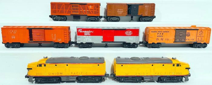 Lionel Postwar O Gauge 2023 Union Pacific A - A Diesel Alco Units and Five (5) Assorted Freight Cars