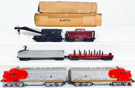 Lionel Postwar O Gauge 2343 Santa Fe A - A F - 3 Diesel Units and Four (4) Assorted Freight Cars