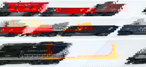 Lionel Postwar O Gauge 2349 Northern Pacific Switcher and 3927 Track Cleaner and Five Assorted Cars