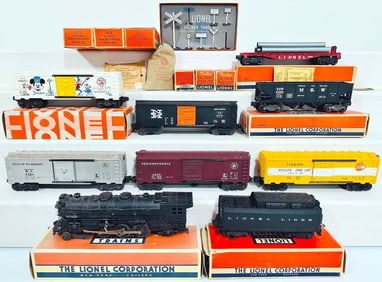 Marx Postwar O Gauge 333 Black Hudson Locomotive/Lionel Postwar Black Tender/7 Assorted Freight Cars