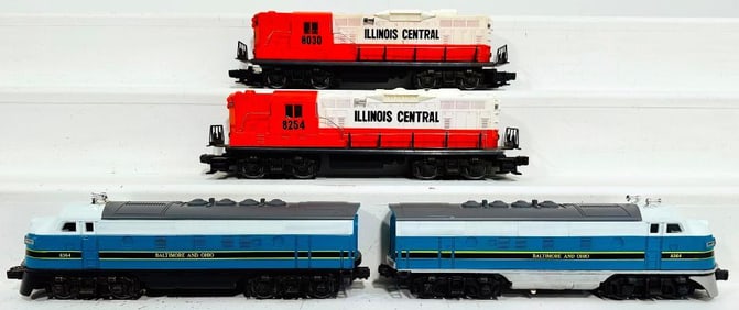 Lionel Modern O Gauge of Baltimore and Ohio 8364 and 8364 A-A F-3 Diesel Units and Illinois Central