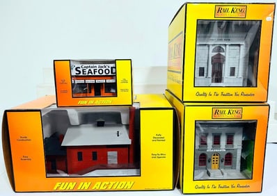 MTH Modern O Gauge Brewery - Captain Jack Seafood Roadside Stand - First City Bank - Police Station