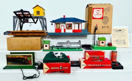 American Flyer Postwar S Gauge 787 Log Loader-23791 Cow on Track-768 Oil Supply Depot-755 Station