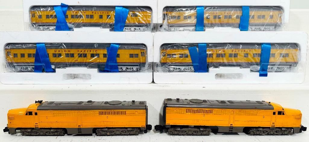 American Flyer Postwar S Gauge 21925-1 and 21925 Union Pacific A-A Alco Diesel Units and UP Cars: American Flyer Postwar S Gauge 21925 - 1 and 21925 Union Pacific A - A Alco Diesel Units and Union Pacific Assorted Passenger Cars, with the 21925 - 1 in C7 minus, the 21925 repainted to look C6 with