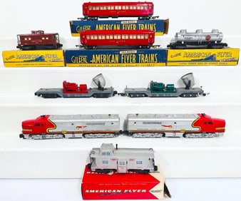 American Flyer Postwar S Gauge 470 and 473 Santa Fe A-A Alco Diesel Units and Four Assorted Freights