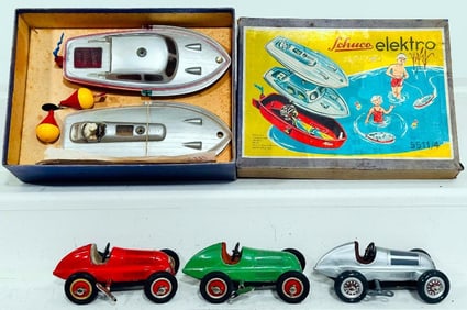 Schuco Boat Set and Three (3) Windup Schuco Race Cars