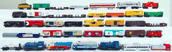 K-Line Modern O Gauge Thirty (30) Assorted Freight Cars and Budd Electric Locomotive and Diesel