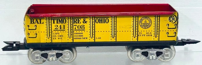 Marx Postwar O Gauge Baltimore and Ohio yellow Litho 8 Wheel Hopper Factory Archives